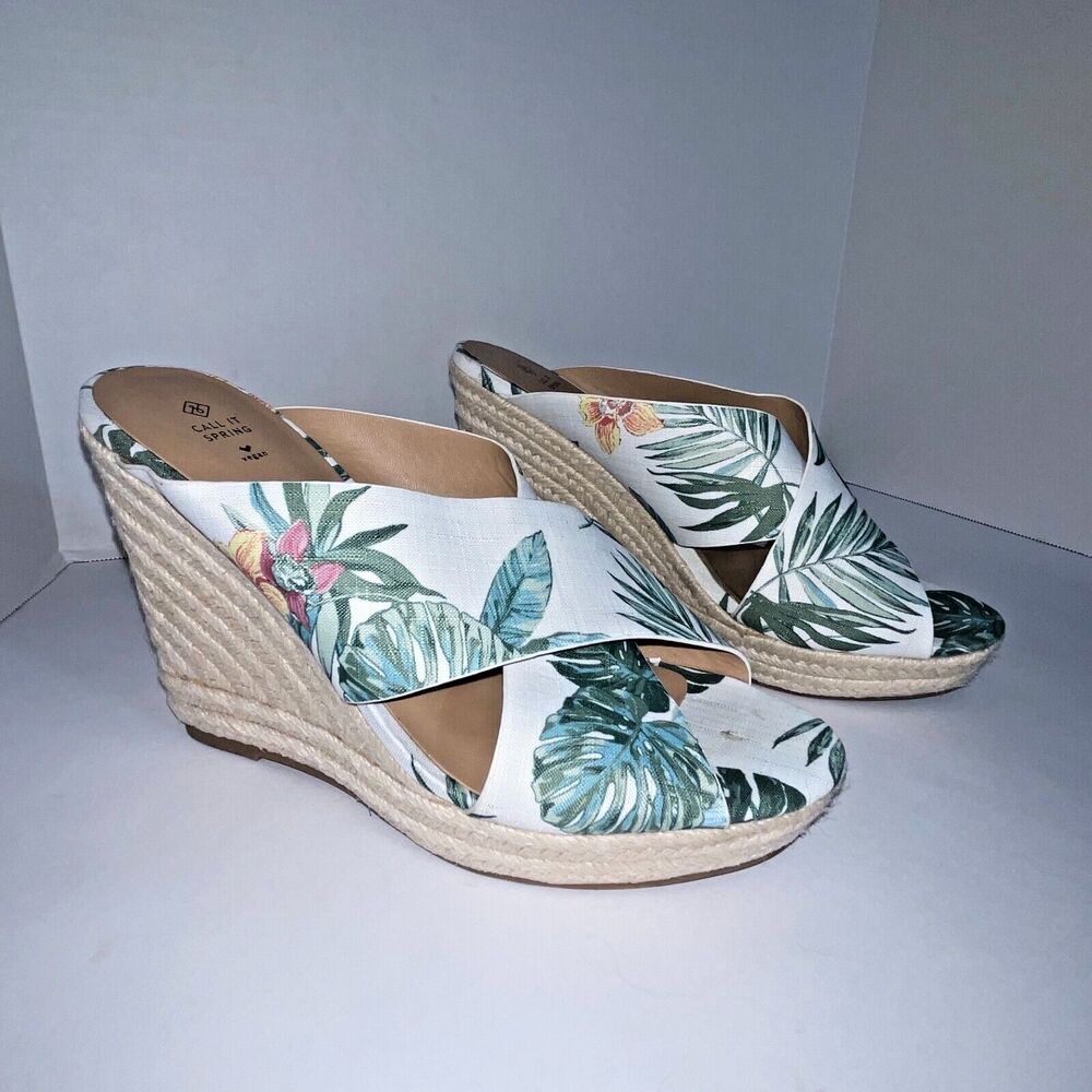 Call It Spring Vegan Espadrille Wedge Heel White Summer Print size‎ 8